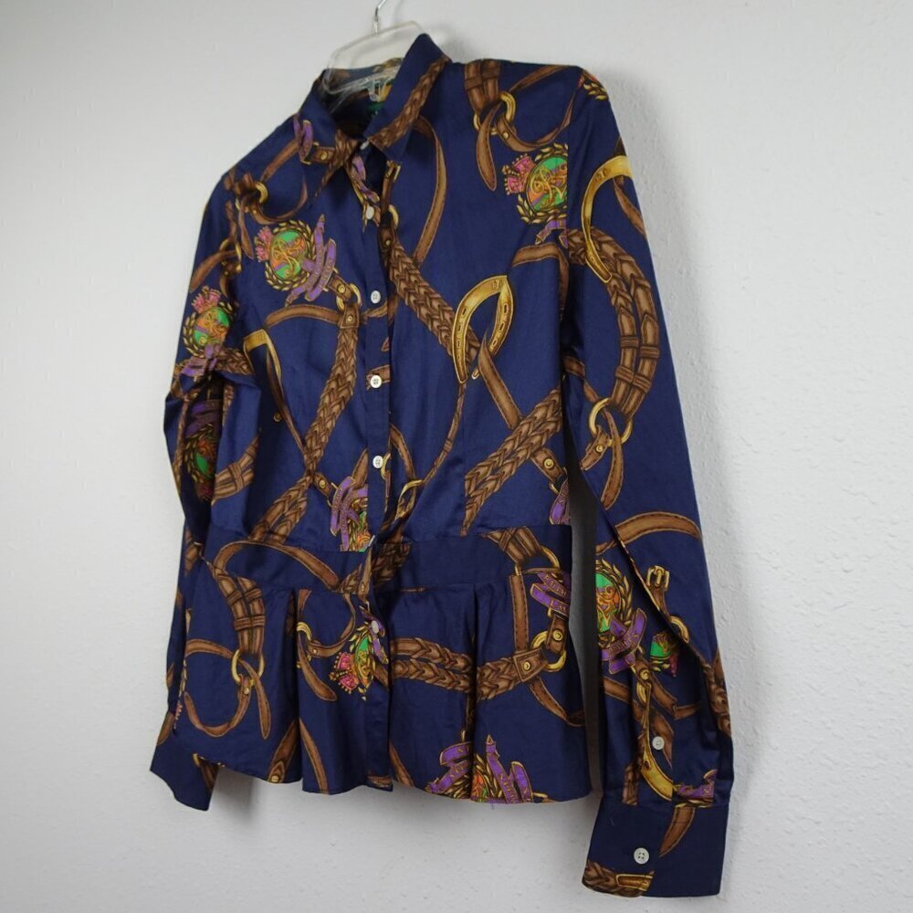 Ralph Lauren Equestrian Shirt Women's Size 4 Blue Peplum Button Front Horses - Picture 3 of 6